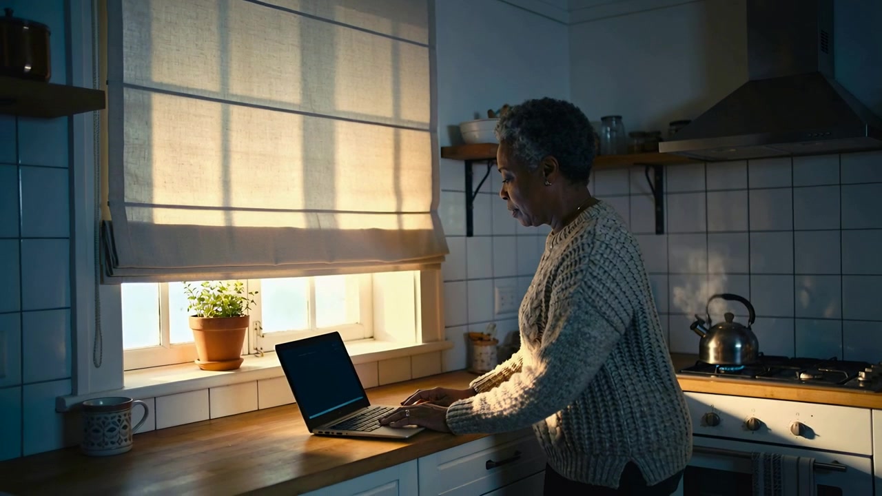 Subindo a persiana romana, uma mulher de suéter na bancada da cozinha, deixando a luz entrar e digitando no laptop