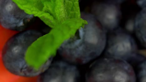 Makro-Nahaufnahme-Unscharfer-Beeren-Bis-Zum-Vorschein-Eines-Detaillierten-Minzblatts,-Das-Den-Obstsalat-Garniert