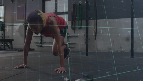 exercising in gym, woman with animation of digital grid overlaying workout space