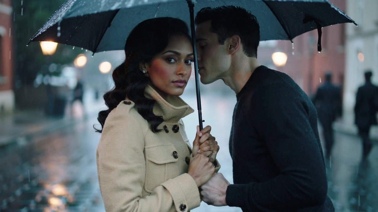Leaning man closing distance toward woman in beige coat on wet street rain falling