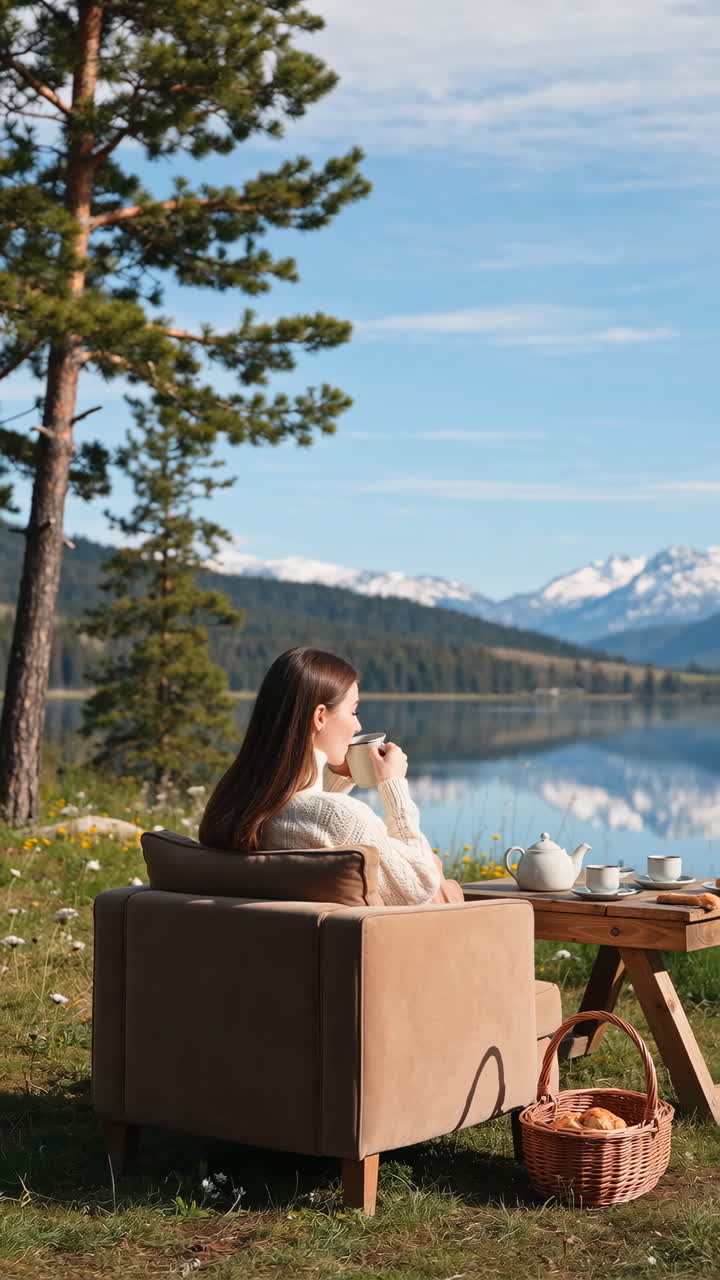 Woman Enjoying Tea by a Scenic Mountain Lake