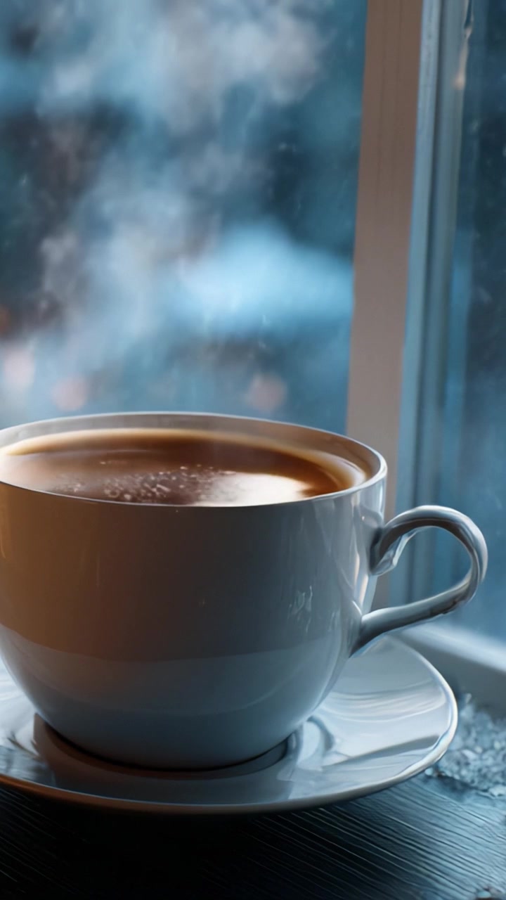 Un momento accogliente catturato; una tazza fumante di bevanda calda poggiata su un piattino accanto a una finestra ghiacciata, con la neve che cade dolcemente fuori in un paesaggio invernale incantato