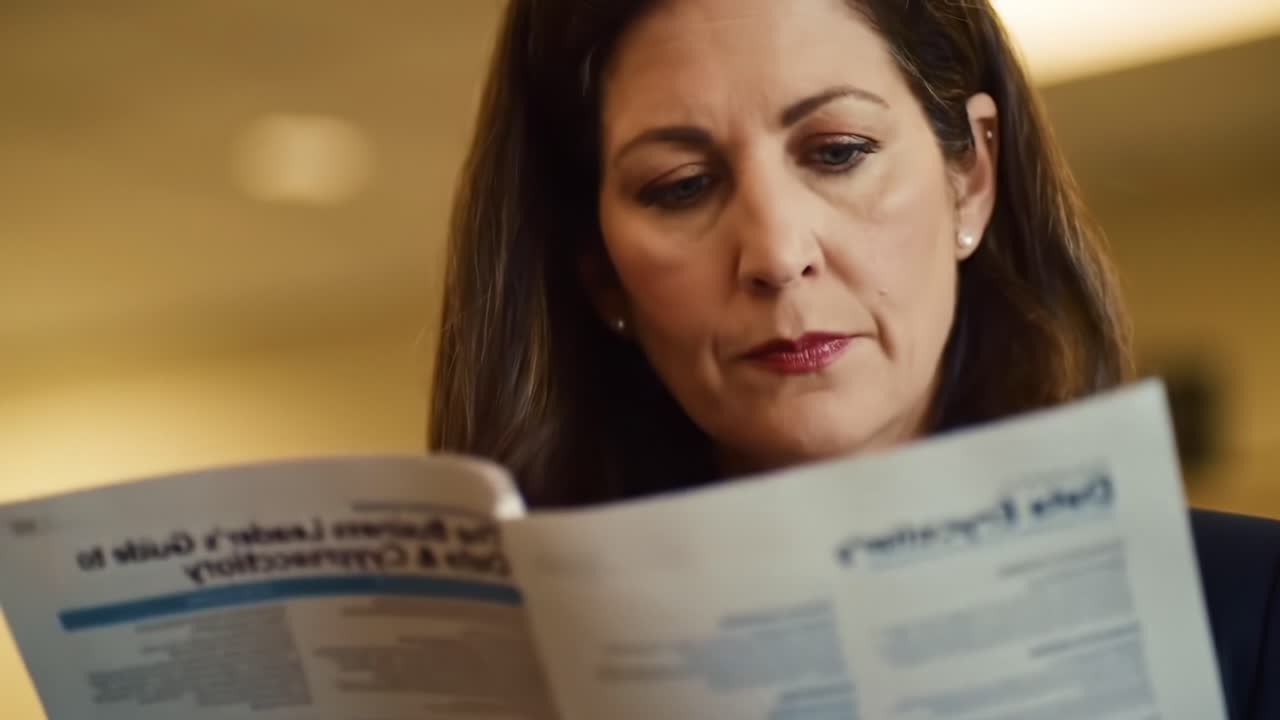 A focused woman reviews an important document, highlighting her engagement in a serious task with deep concentration and attention to detail in a professional setting