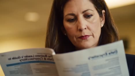 a focused woman reviews an important document, highlighting her engagement in a serious task with deep concentration and attention to detail in a professional setting