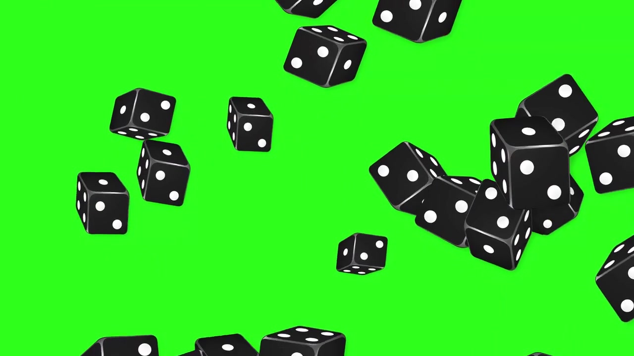 Dadi neri animati che rotolano e rimbalzano su uno schermo verde brillante per un facile compositing.