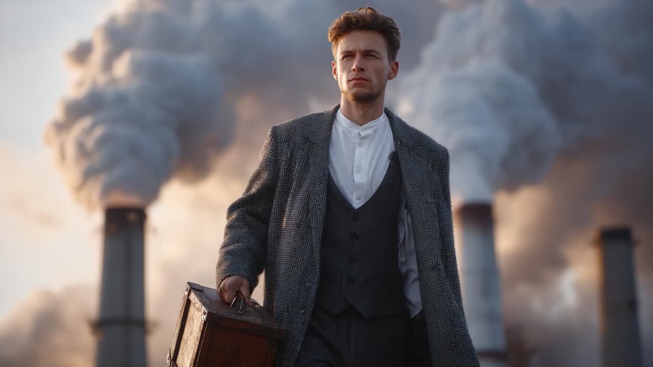 A determined figure steps forward amidst a backdrop of imposing industrial smokestacks, embodying the tension between humanity and the forces of nature in a changing world