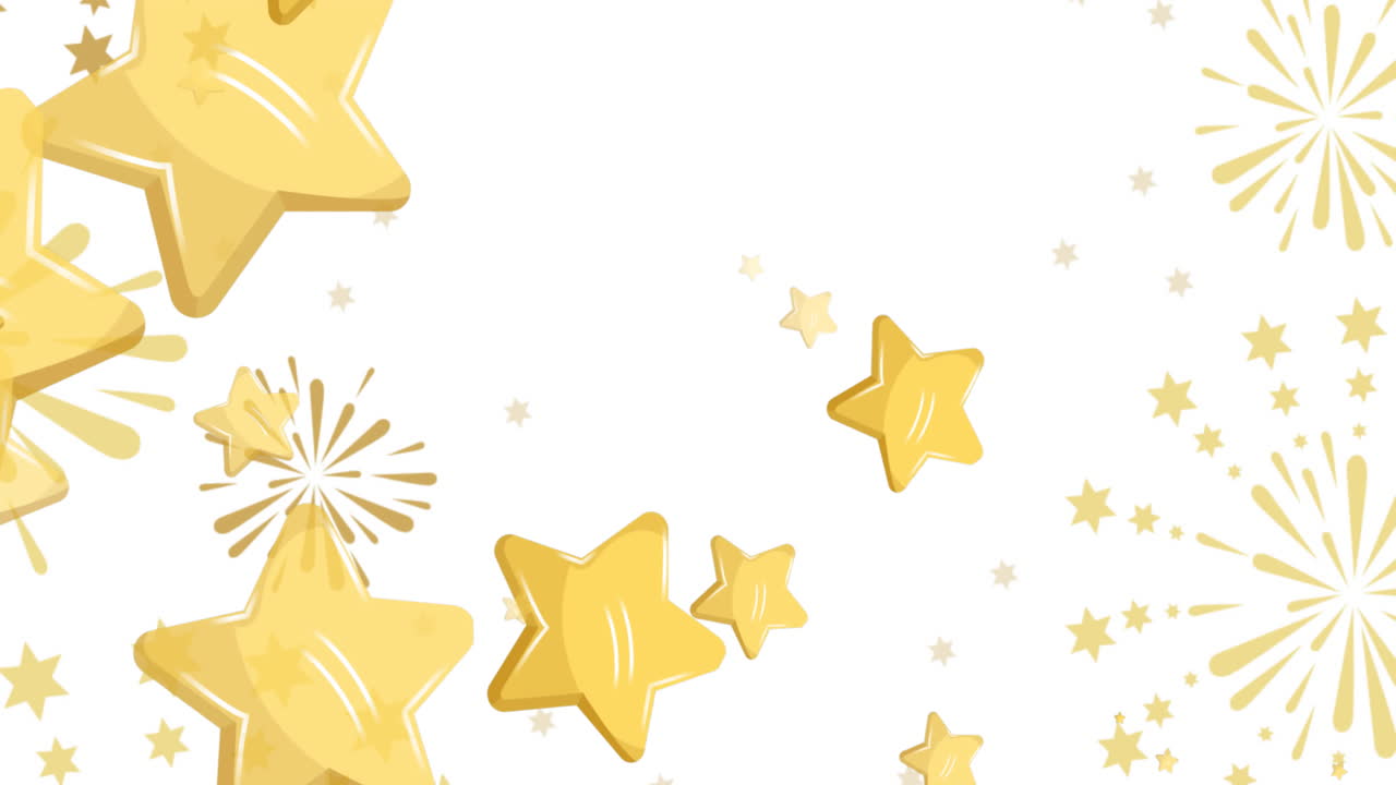 анимация золотых рождественских звезд, движущихся над новогодним фейерверком на белом фоне