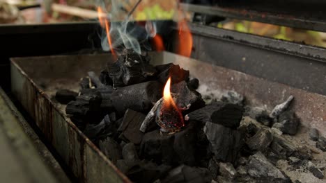 burning charcoal fire on a grilling pan