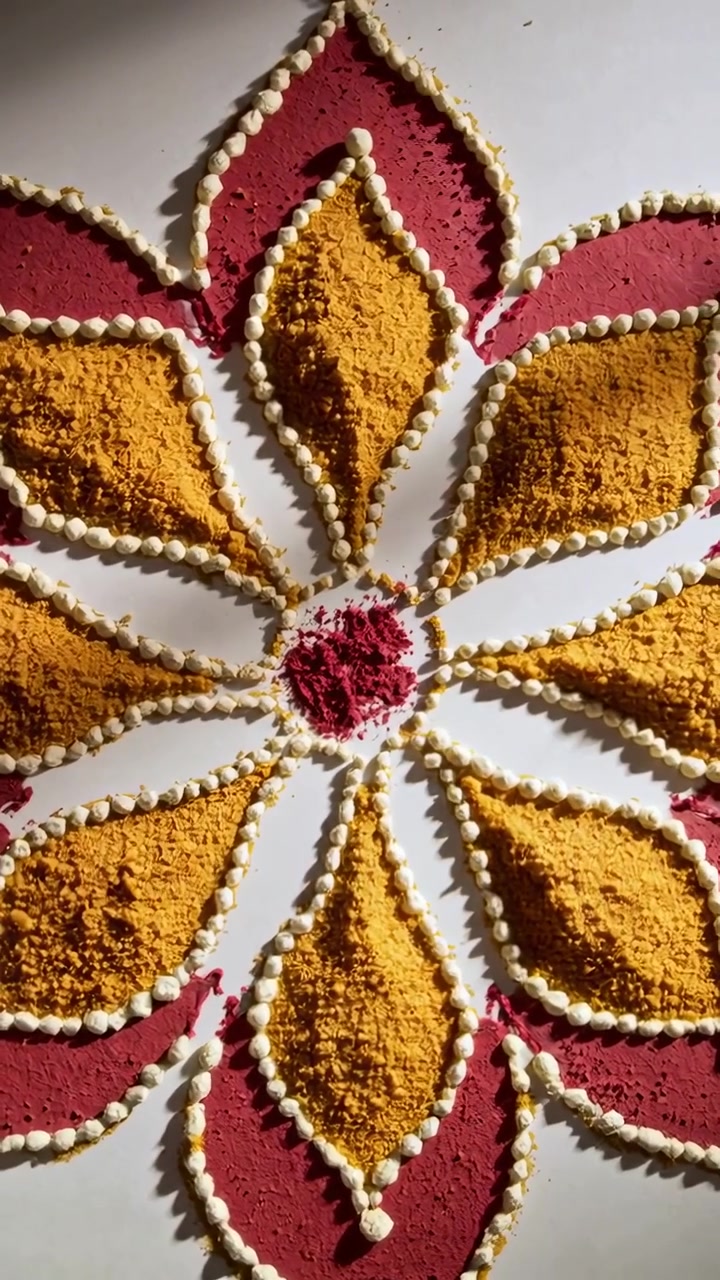 Video verticale: Regolazione della telecamera che panoramica su un rangoli su superficie bianca, polvere rosso oro, punti bianchi.