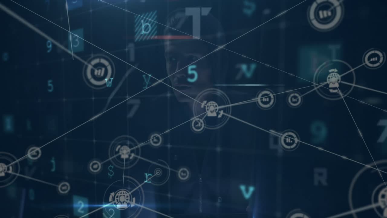 Animation of digital interface and network of connections over hacker