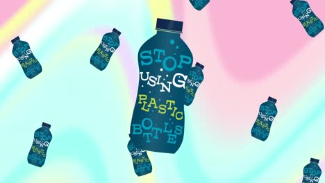 Animation-of-bottles-with-text-stop-using-plastic-bottle-on-colourful-background