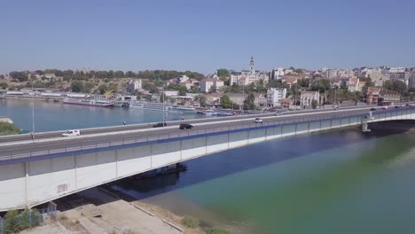 4k-panorama-aerial-shot-of-Sava-river-and-Branko-bridge-in-Belgrade