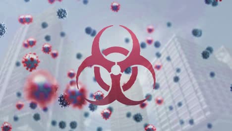 Animation-Eines-Biohazard-Schildes-über-Dem-Stadtbild-Und-Schwebenden-Coronavirus-Zellen