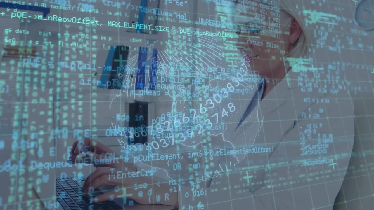 Animation of data processing and globe over caucasian female doctor using computer