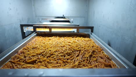 Fresh-spaghetti-on-food-trolleys-in-commercial-kitchen,-prepared-food