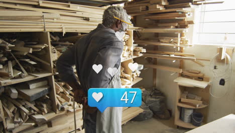 man standing in woodshop, showcasing wooden planks with animated hearts and blue like counter