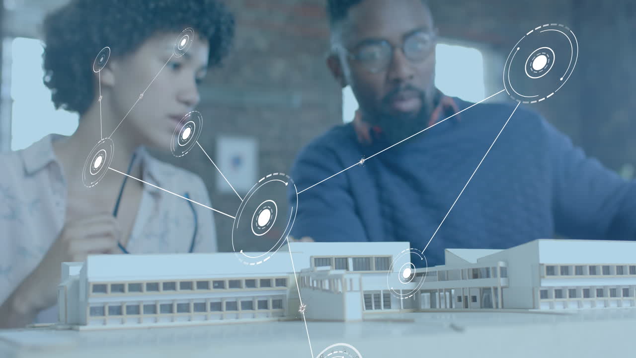 Animation of network of connections over diverse colleagues discussing with model in office