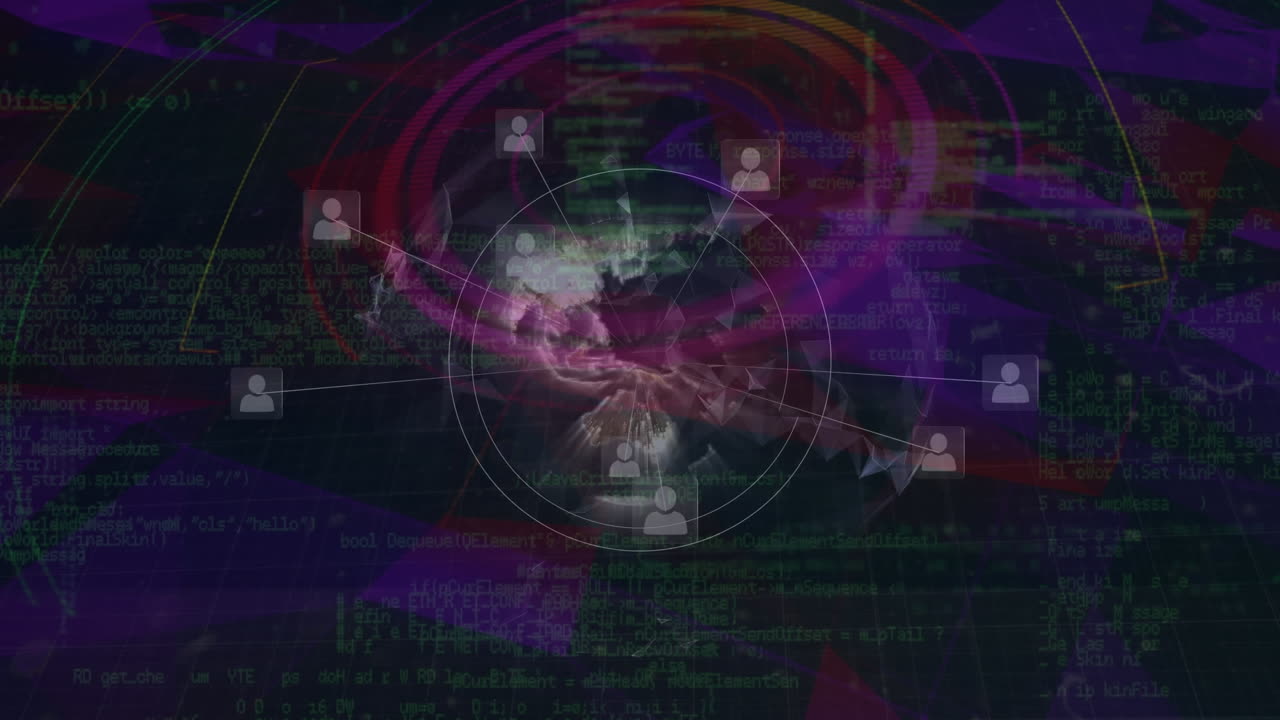 어두운 배경에서 움직이는 사람 네트워크 아이콘과 지구와 데이터 처리의 애니메이션