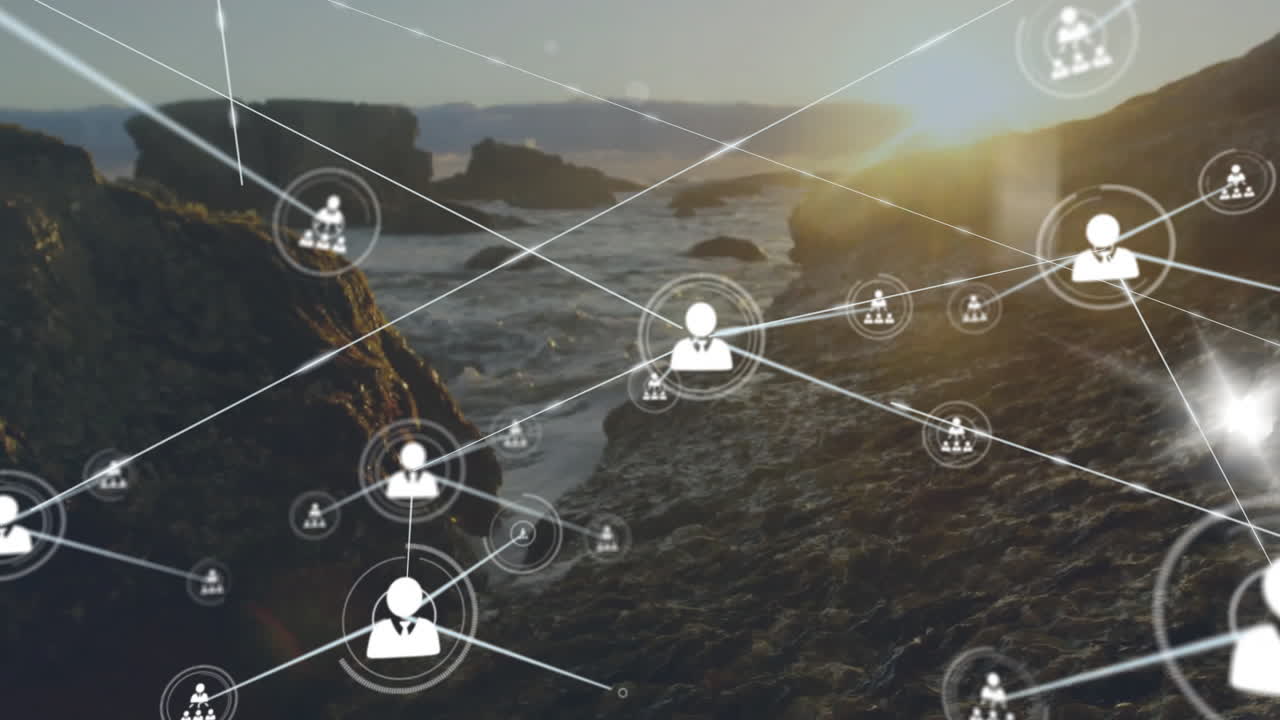 animación de la red de conexiones con iconos sobre el paisaje