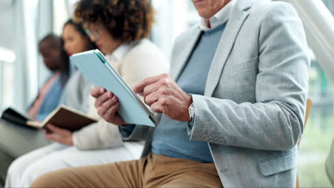 Business-people,-hands-and-tablet-in-waiting-room