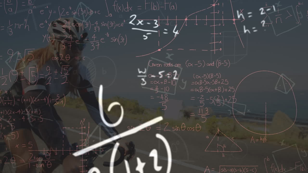 animación de ecuaciones matemáticas sobre una mujer caucásica montando en bicicleta