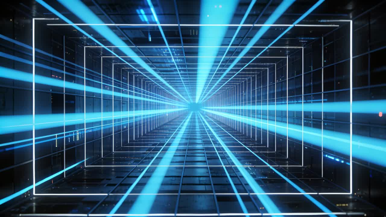 Camera zooming forward, nested frames receding, cyan beams thickening, simulating traversal