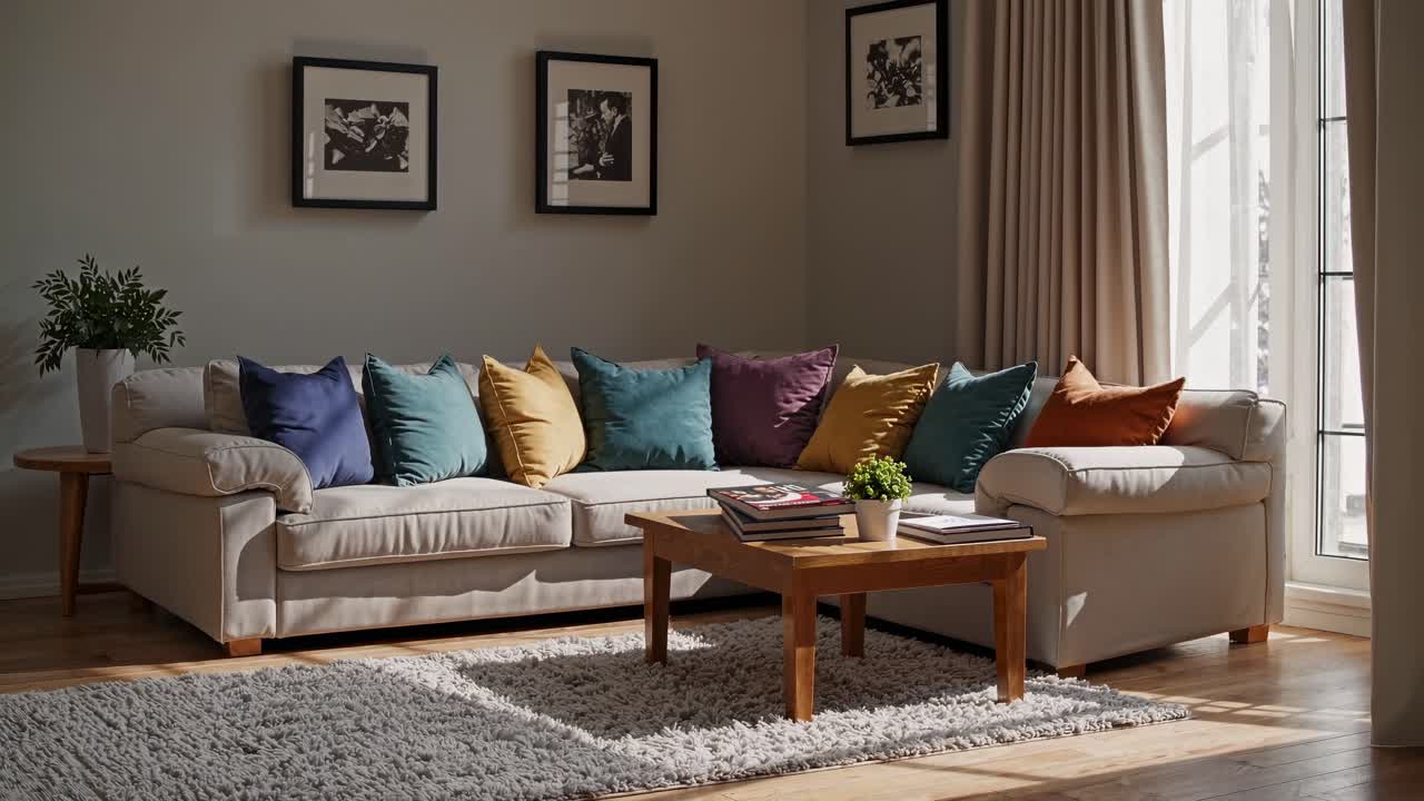 Cozy living room with colorful cushions on a beige sofa, shot from a wide-angle
