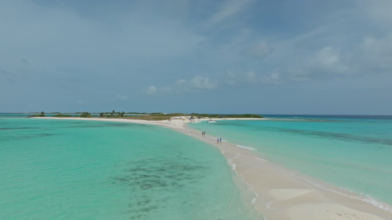 Drone shot of people walking on the sand bank between 2 islands at Cayo Agua, Los Roques, Venezuela