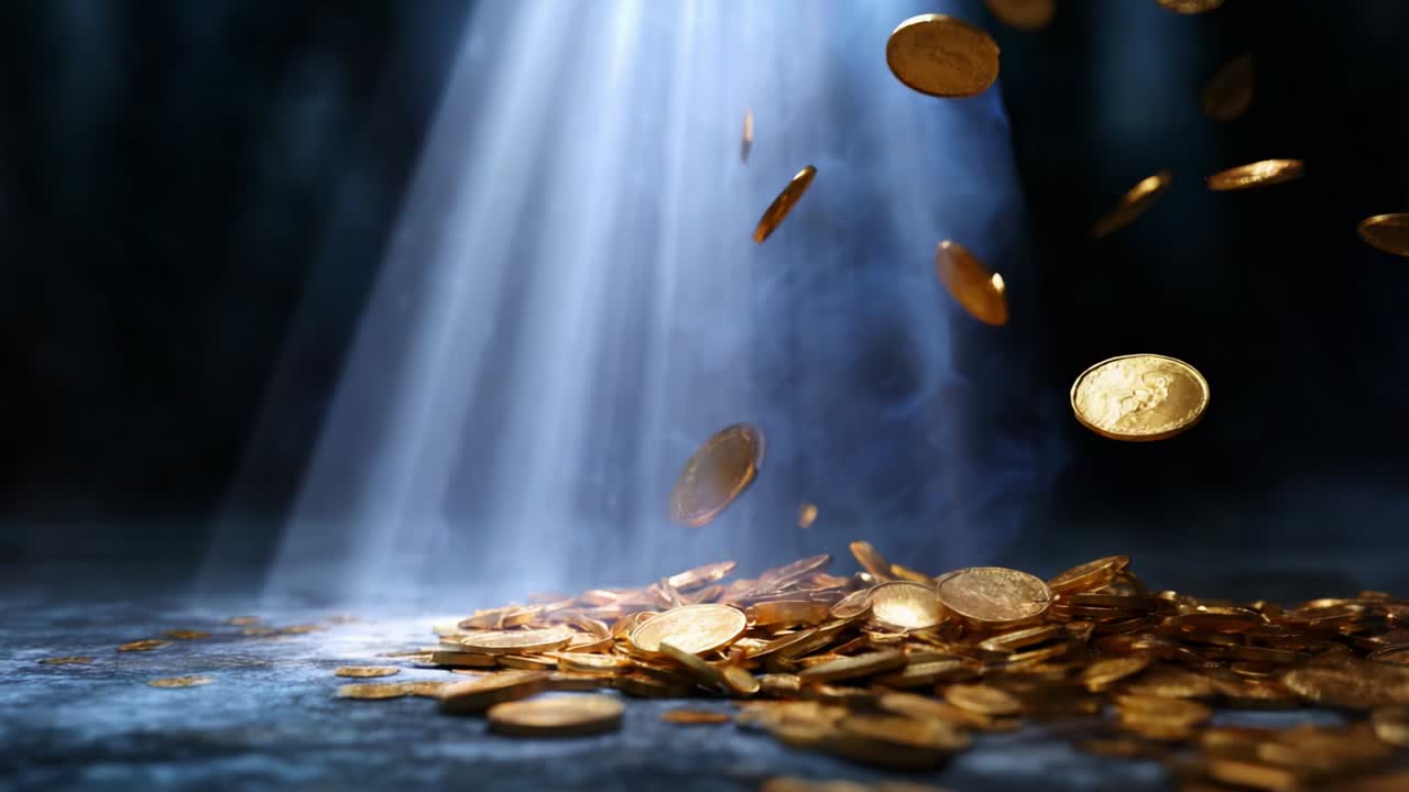 A Glorious Display of Golden Coins Illuminated by Mysterious Light, Showcasing a Pile of Glittering Wealth that Captivates the Viewer with Its Richness and Allure in a Dark Environment