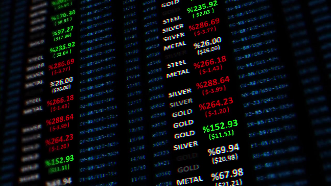 Glitch-Finanzhandelsboard-Visual mit hellen Marktwerten, Rohstofftext, Prozentdaten und