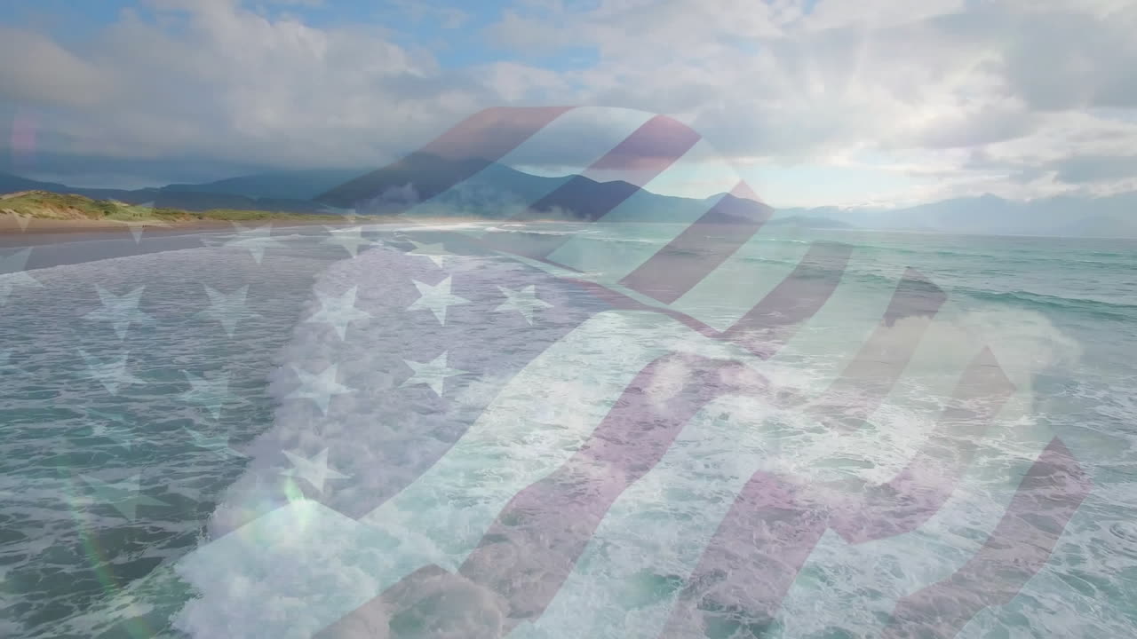 composición digital de agitar la bandera de los estados unidos contra la vista aérea de la playa y las olas del mar