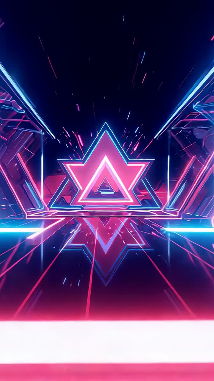 Vertical video: Lifting darkness, neon streaks and sparks racing toward lit triangle on hall floor