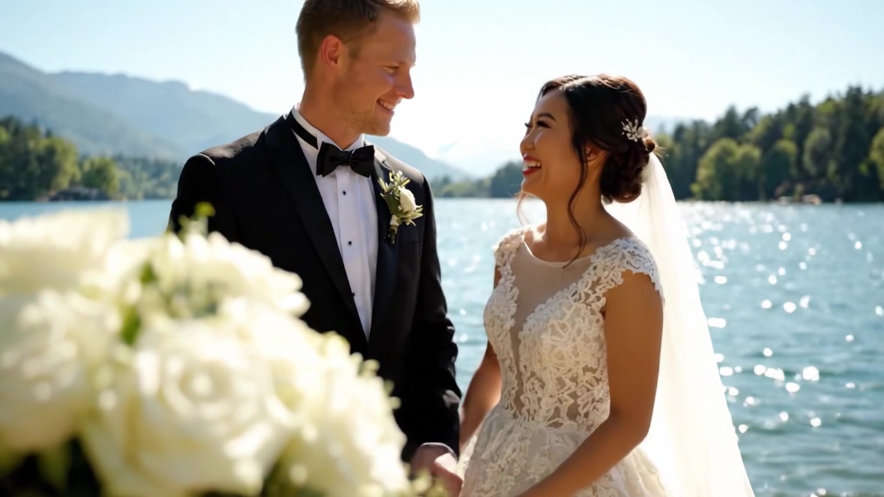 An Enchanting Wedding Celebration by the Serene Lakeside, Capturing Love and Joy in Every Moment, as the Bride and Groom Embrace Their New Journey Together
