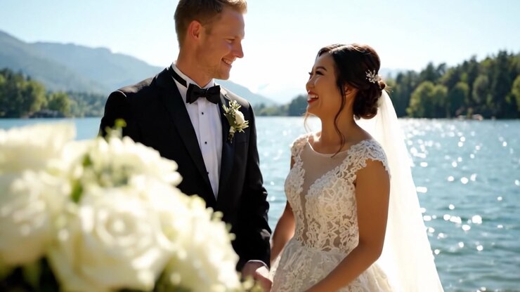 An Enchanting Wedding Celebration by the Serene Lakeside, Capturing Love and Joy in Every Moment, as the Bride and Groom Embrace Their New Journey Together