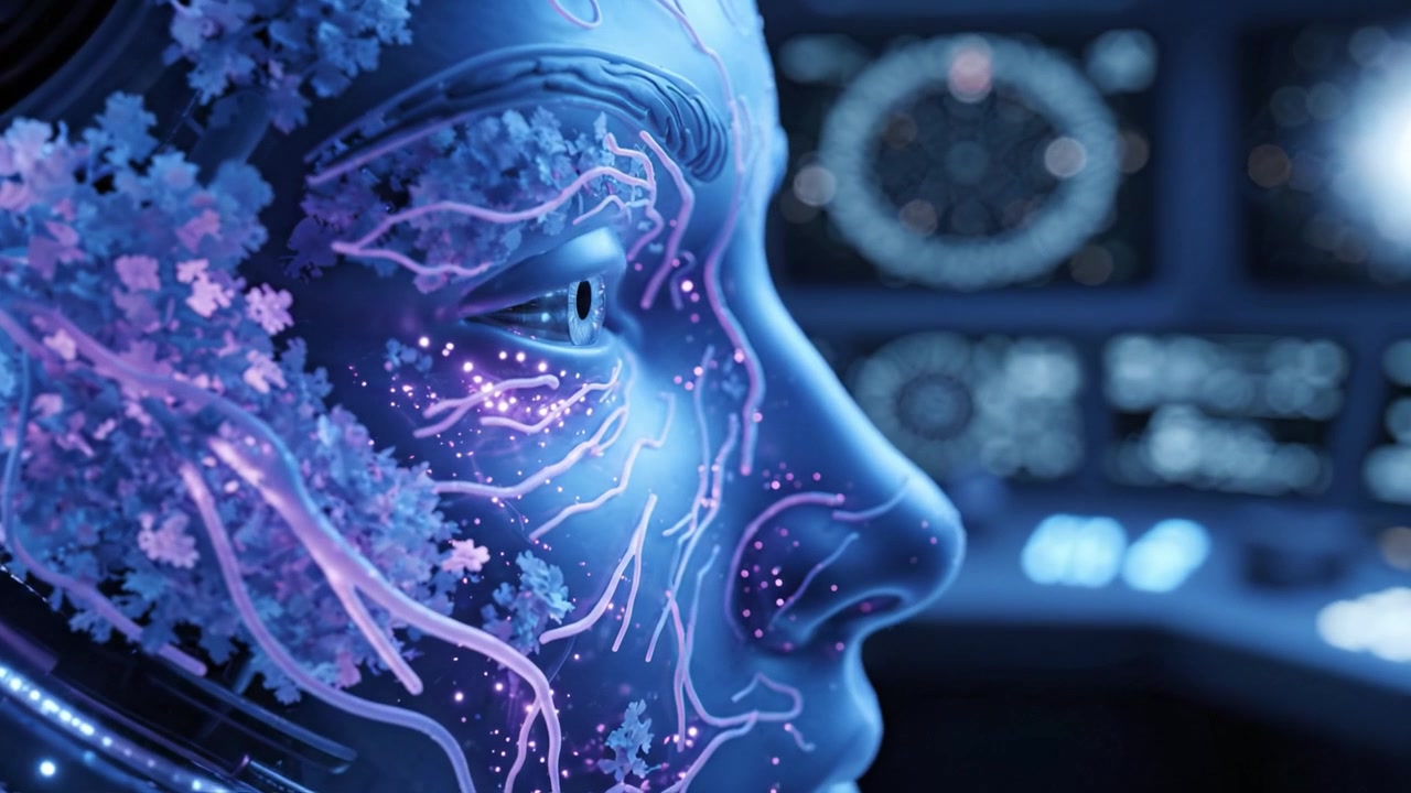 Volto robotico futuristico con circuiti complessi ed elementi luminosi, ambientato su un pannello di controllo high-tech che mostra tecnologia avanzata e immagini cosmiche