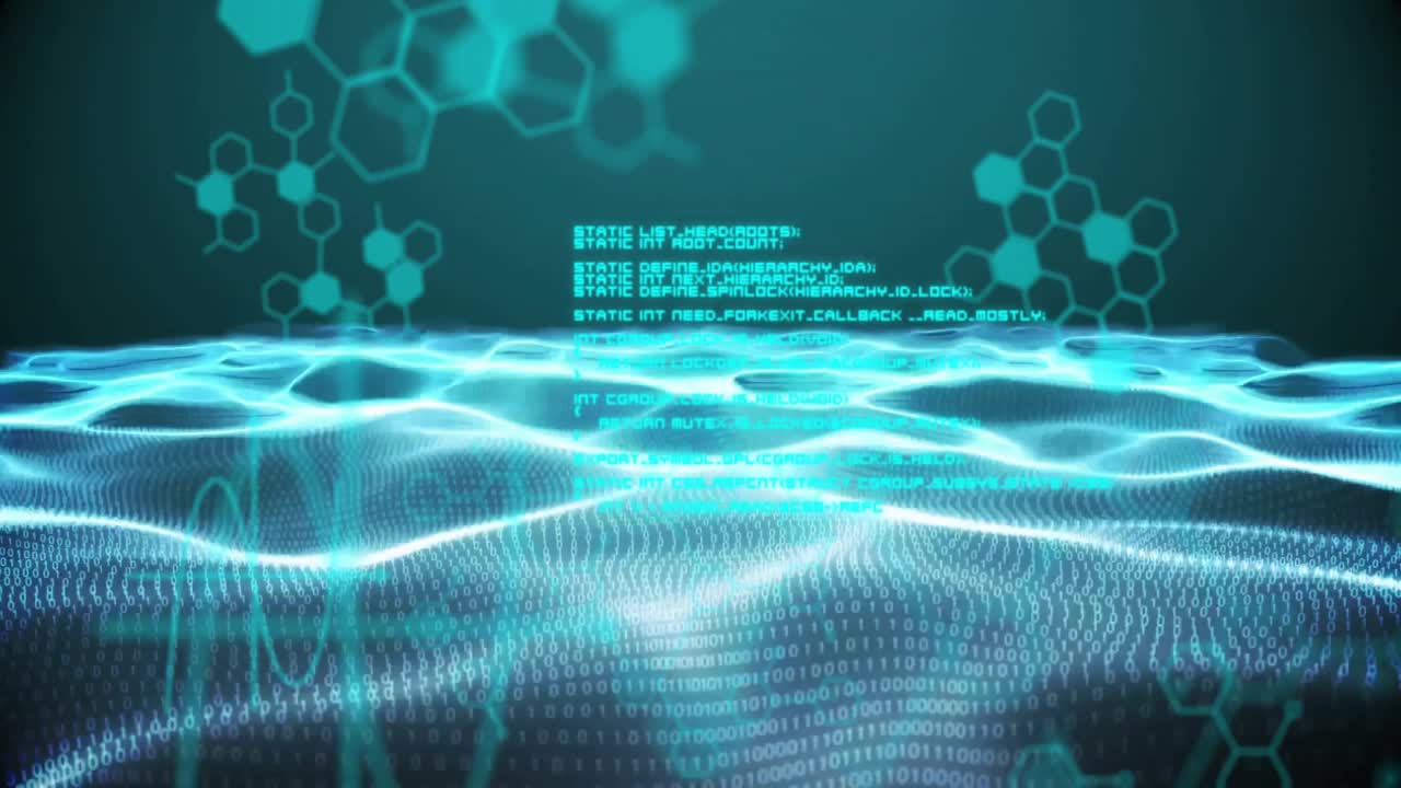 Neon-blue wave grid flowing over binary code matrix with hexagon network overlays in flat design
