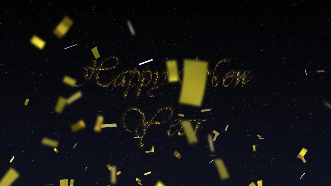 Animation of happy new year text in gold with new year fireworks and gold confetti in night sky