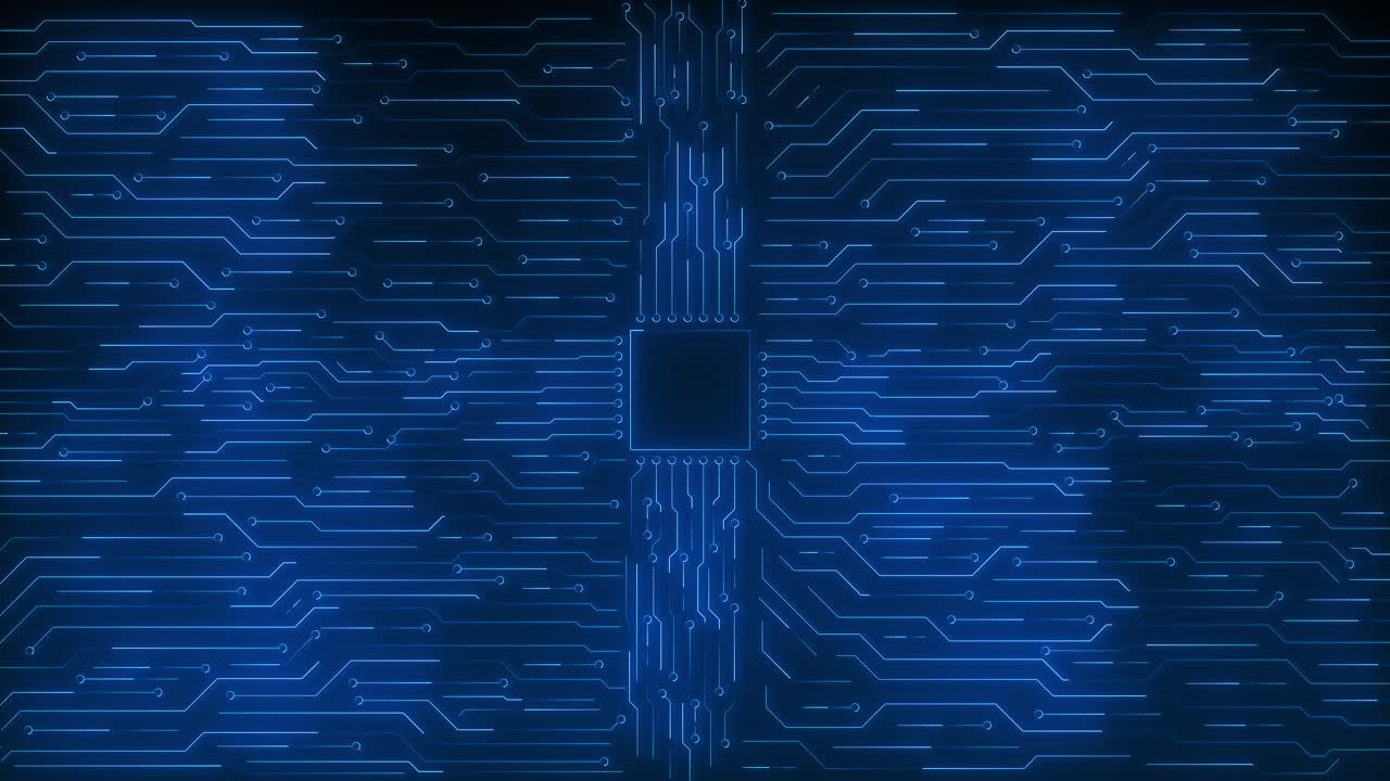 Circuit board animation luminous blue paths technological flow digital connections from central chip