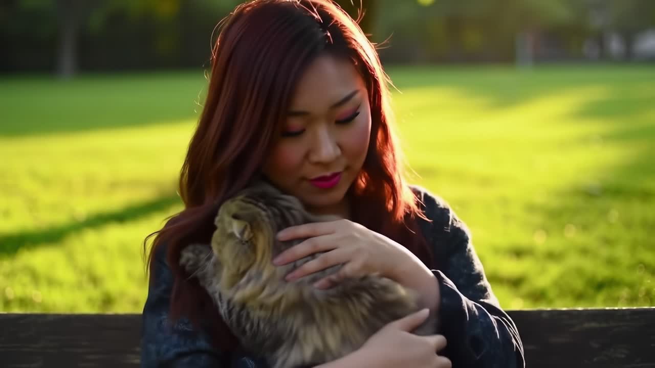 A Heartwarming Moment: A Woman Enjoying Quality Time with Her Adorable Cat in a Sunlit Park, Embracing the Joy of Companionship and Nature's Beauty
