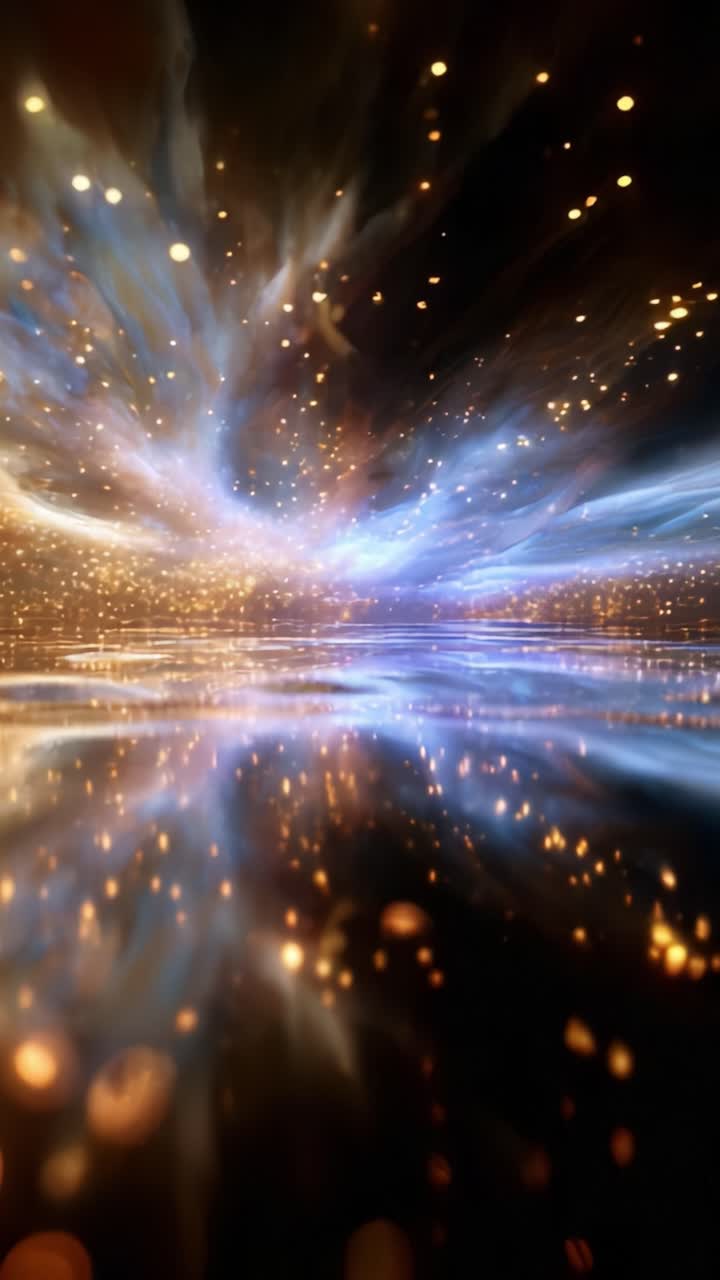 Incantevole gioco di luci cosmiche con colori vorticosi, riflessi e particelle scintillanti che creano un'atmosfera onirica di immaginazione e meraviglia