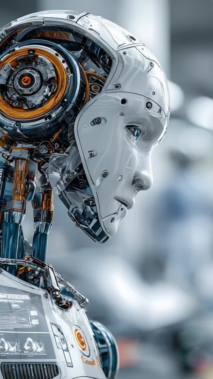 A Close-Up View of a Futuristic Robot Head, Showcasing Advanced AI Technology with Intricate Mechanisms and a Sleek, Modern Design Perfect for the Future of Robotics