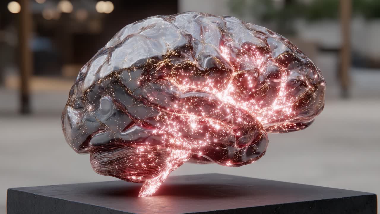 Una splendida visualizzazione di un cervello trasparente con connessioni neurali illuminate, che mostra la complessità e la bellezza dei processi di pensiero umani in una rappresentazione artistica