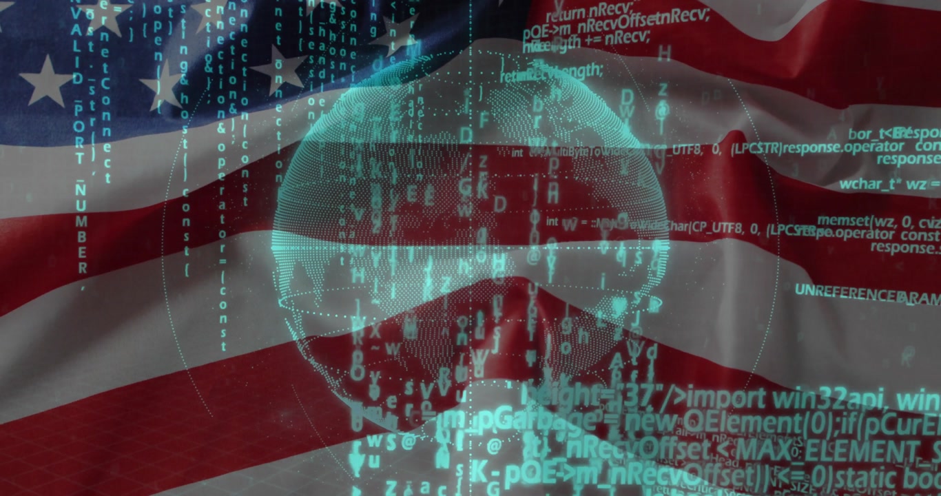Upon start turquoise globe rotating over waving American flag with cascading code visualizing data