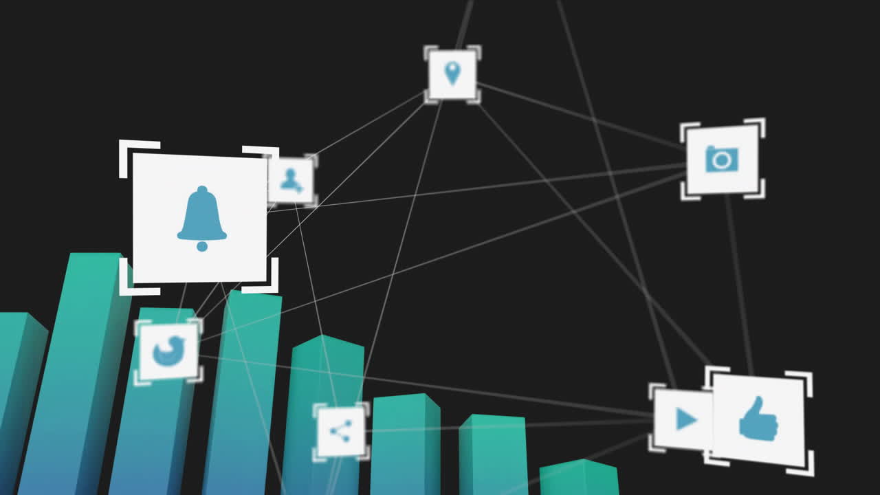 검은색 배경 위에 아이콘과 통계 데이터 처리를 가진 연결 네트워크의 애니메이션