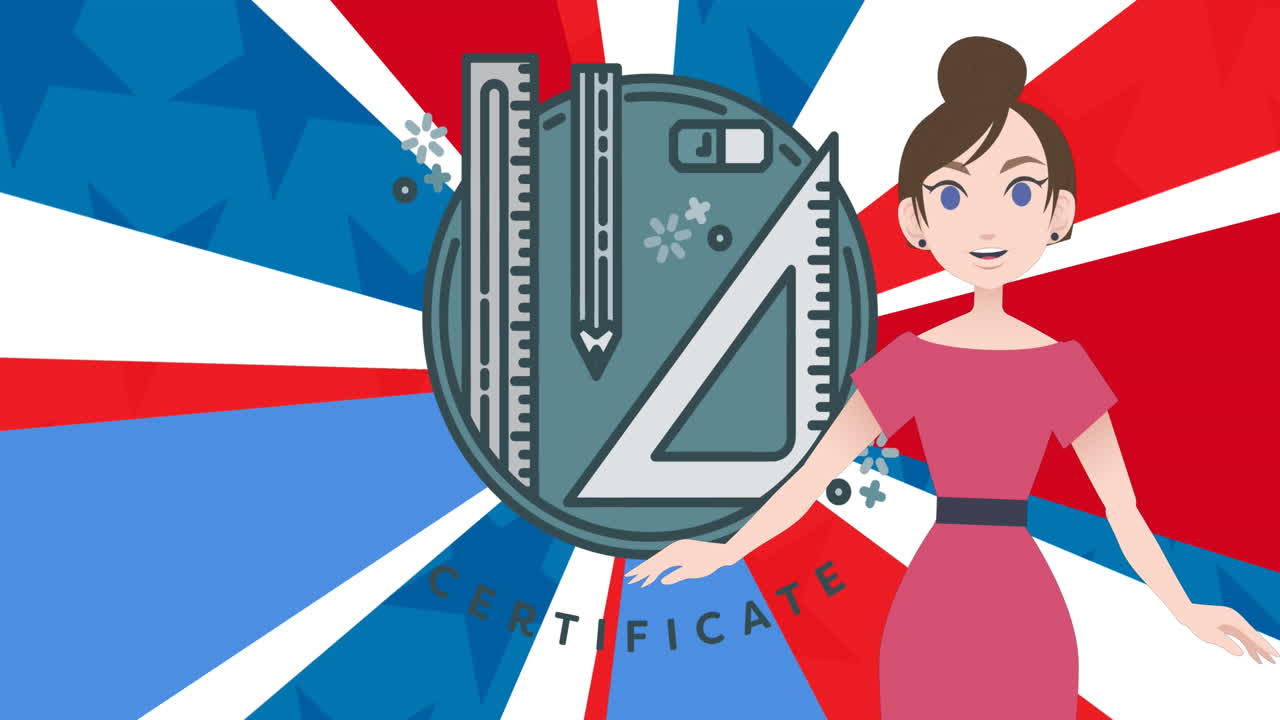 자격증 텍스트와 학교 아이콘에 대해 이야기하는 여성의 애니메이션