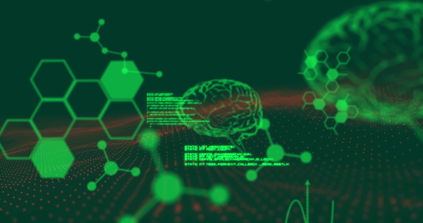 Animation of brain and data processing on black background