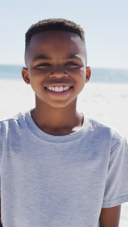 vertical video of happy african american boy on beach smiling at camera
