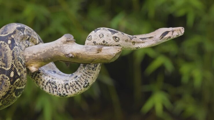 A boa constrictor wrapped tightly around a tree branch in its natural jungle habitat. Shot in daylight with shallow depth of field, showing detailed snake patterns and tropical environment