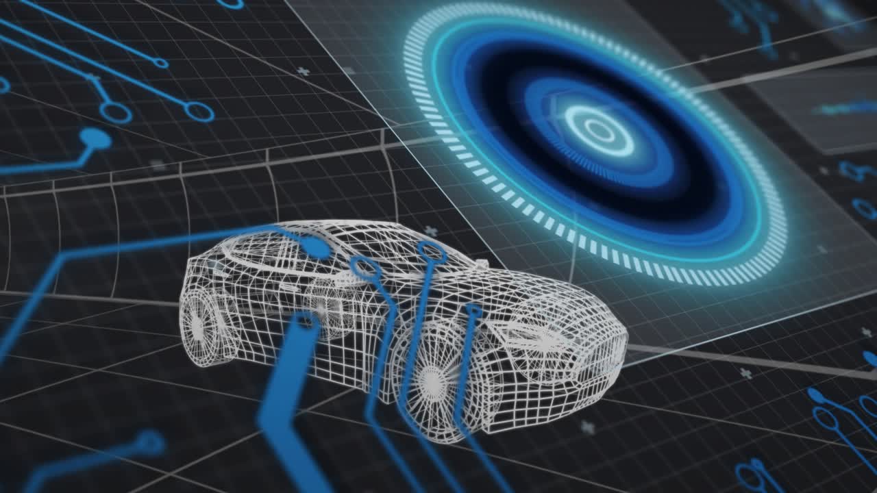 Wireframe sedan receiving circuit lines while rotating circular HUD demonstrating tech integration