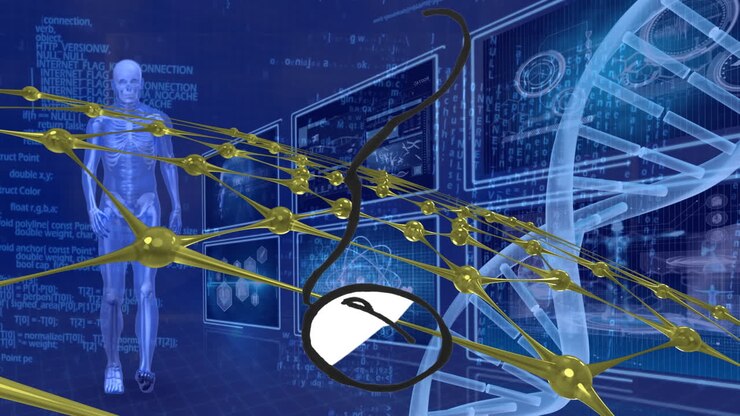 Animation of human body model and data processing over navy background